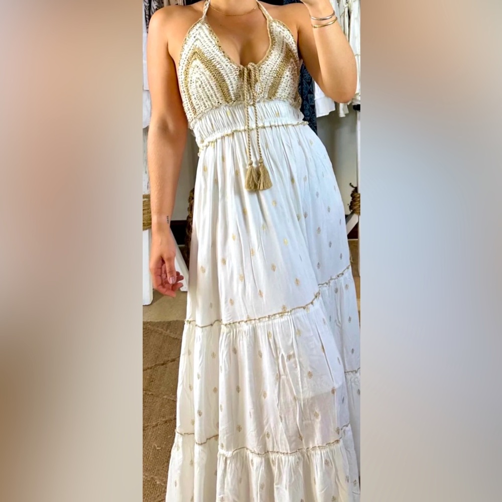Tallulah Gold Beaded Maxi Dress - White